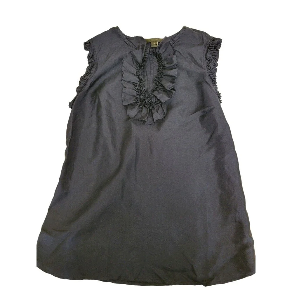 J.CREW Navy Solid Silk Twill V-Neck Ruffle Sleeveless Pullover Blouse 0